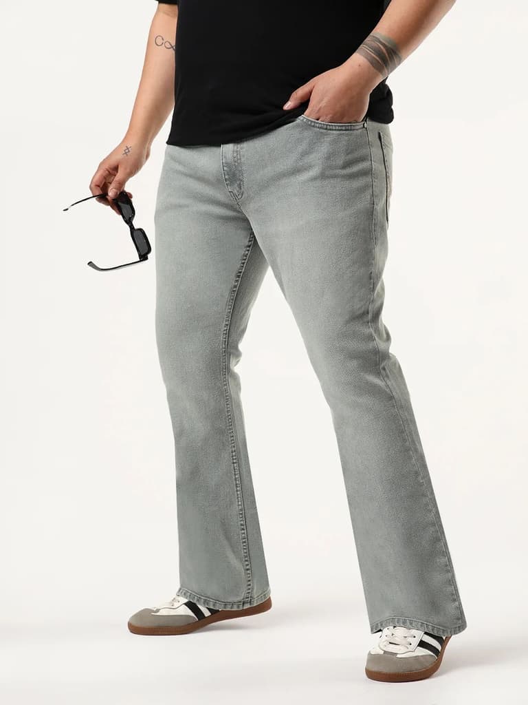 Plus Men's Light Grey Bootcut Fit Mid Rise Tinted Heavy Washed Jeans Stretchable — 36 / Light Grey