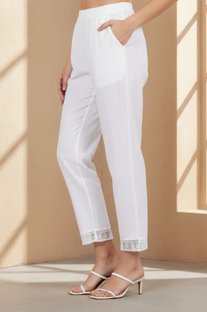 White Solid Lace Cotton Flax Straight Pant — photo 2