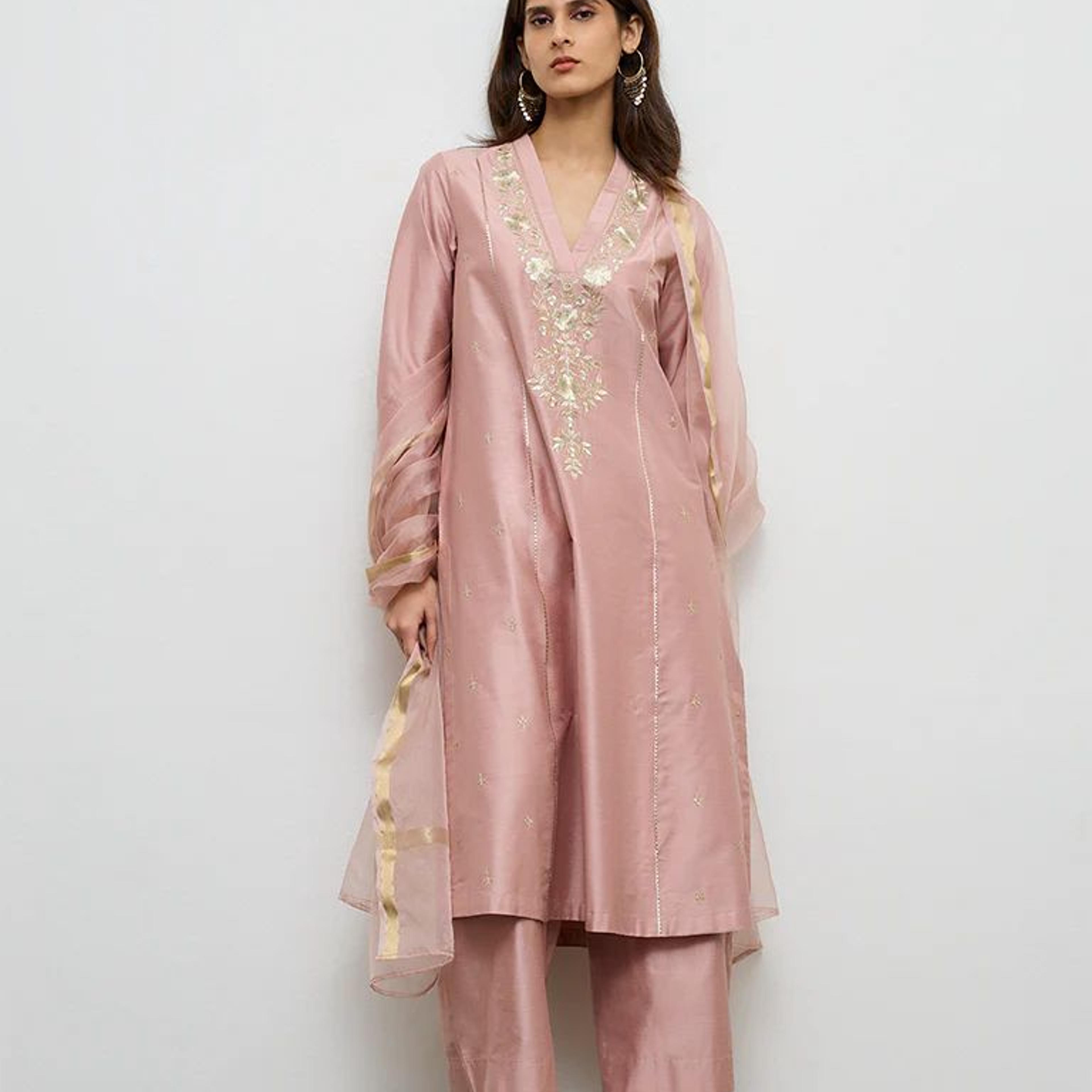 Vark Dusty Pink Embroidered A-Line Ethnic Set