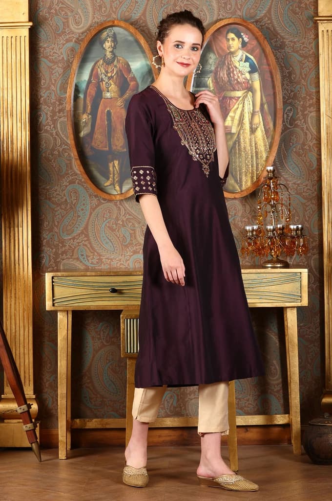 Wine Embroidered A-Line Silk Blend Kurta with Straight Pant and Dupatta Set — photo 4