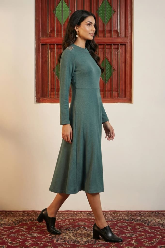 Teal Solid Beadwork Flared Winter Dress — photo 6