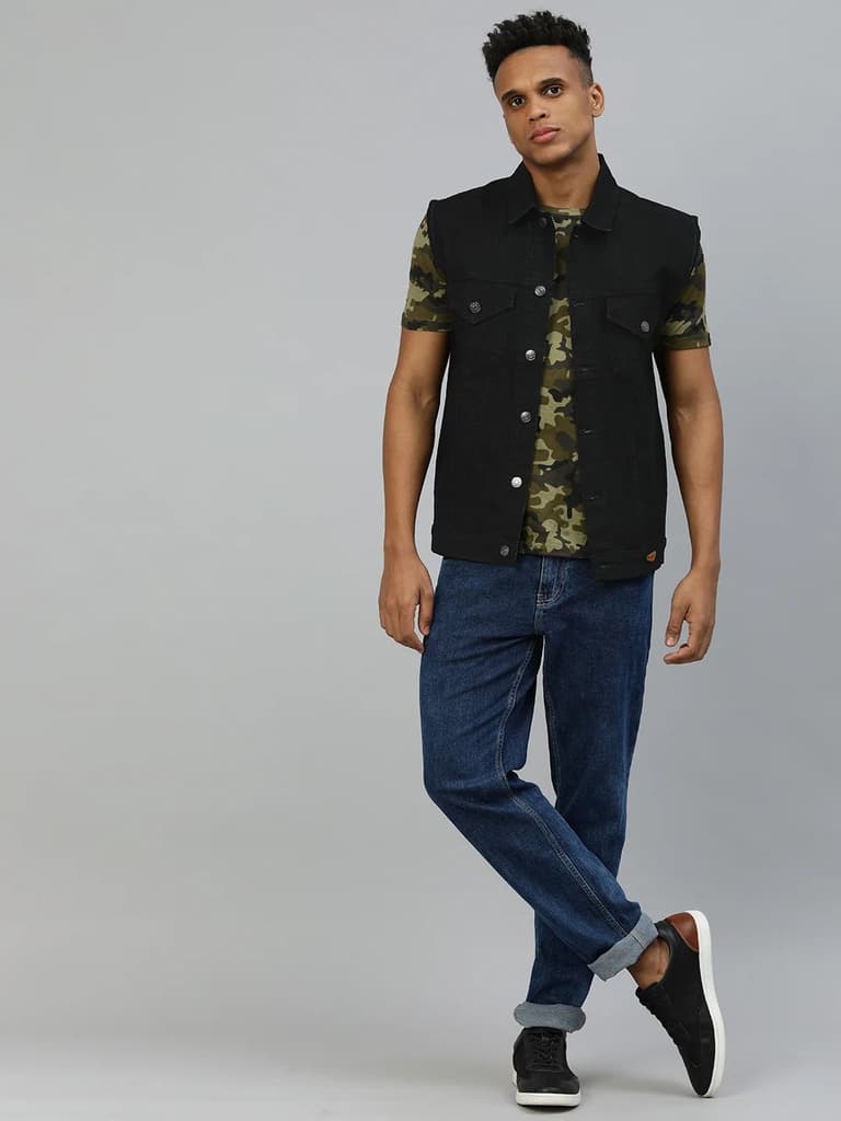 Men's Black Slim Fit Washed Sleeveless Denim Jacket — photo 5