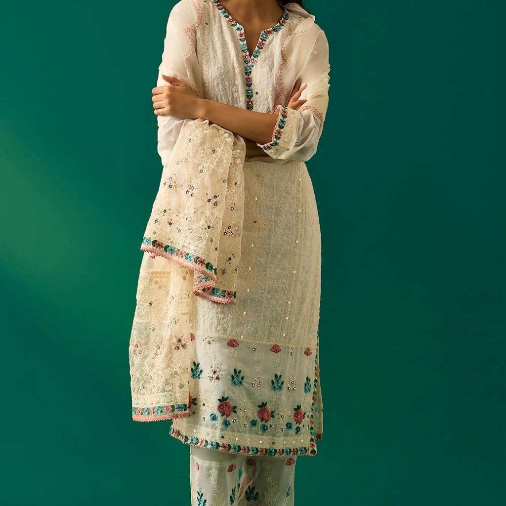 Off-White Embroidered Straight Kurta with Straight Pant and Dupatta Set