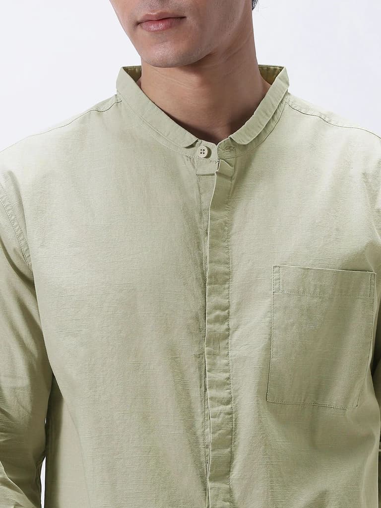 Men's Light Olive Cotton Full Sleeve Regular Fit Casual Solid Shirt with Band Collar — photo 5