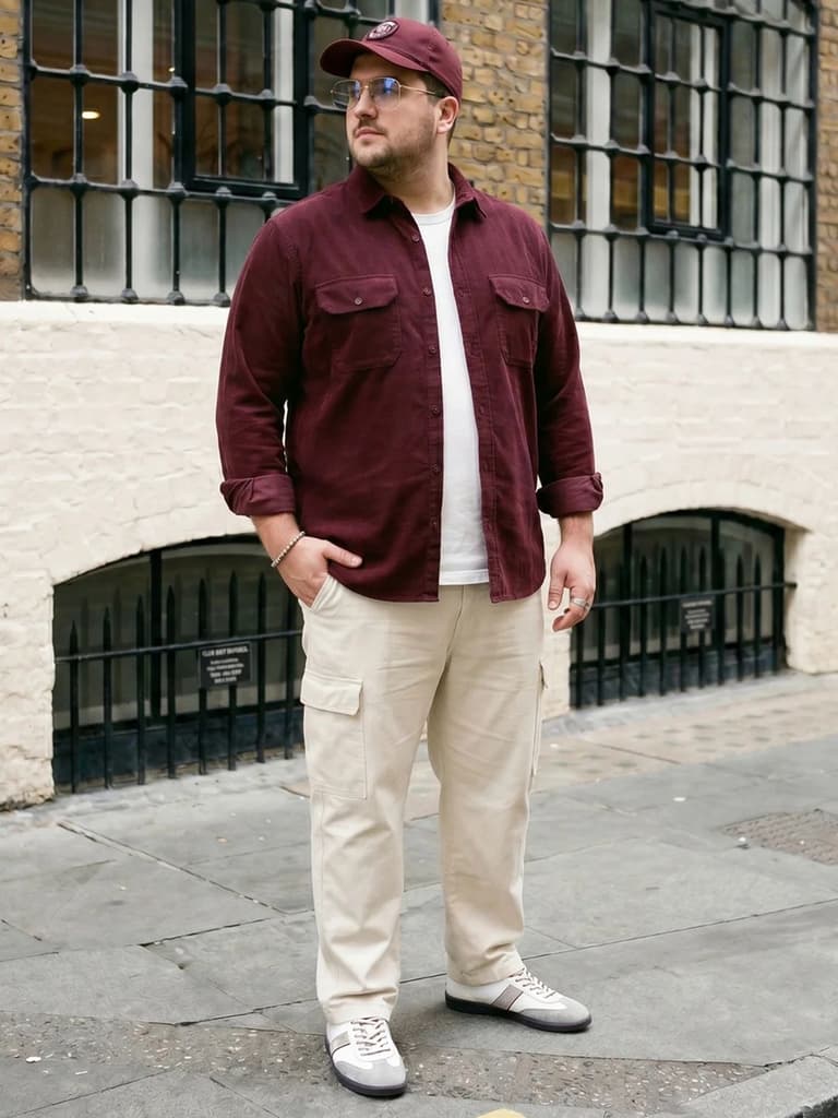 Plus Men's Maroon Corduroy Full Sleeve Regular Fit Solid Overshirt with Utility Pockets — photo 4