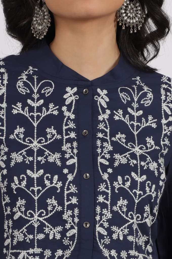 Navy Blue Embroidered Yoke Pure Cotton Kurta and Pants Co-ord Set — photo 4