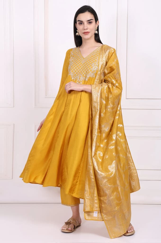 Yellow Embroidered Silk Flared Kurta, Straight Pants and Dupatta Set — XS