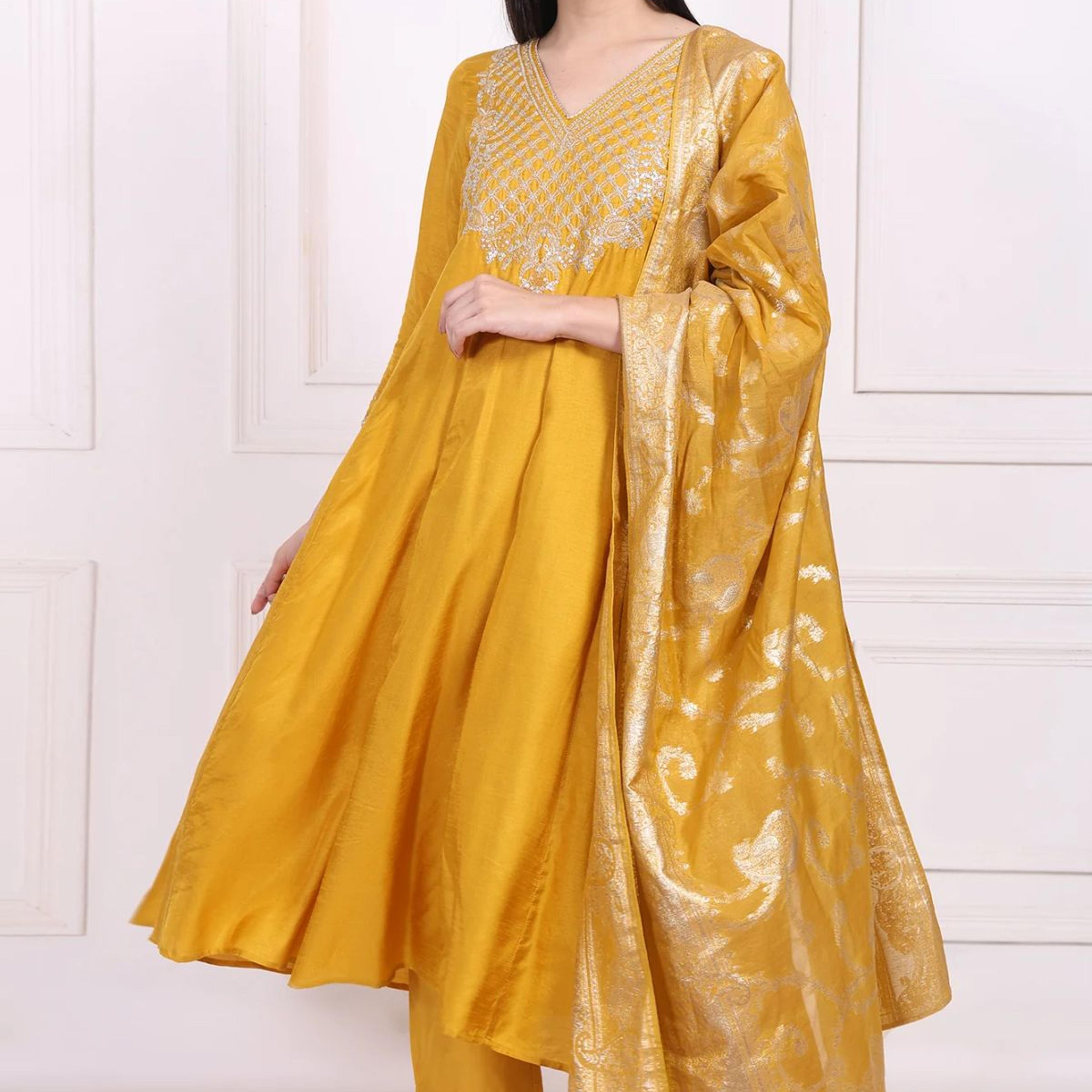 Yellow Embroidered Silk Flared Kurta, Straight Pants and Dupatta Set