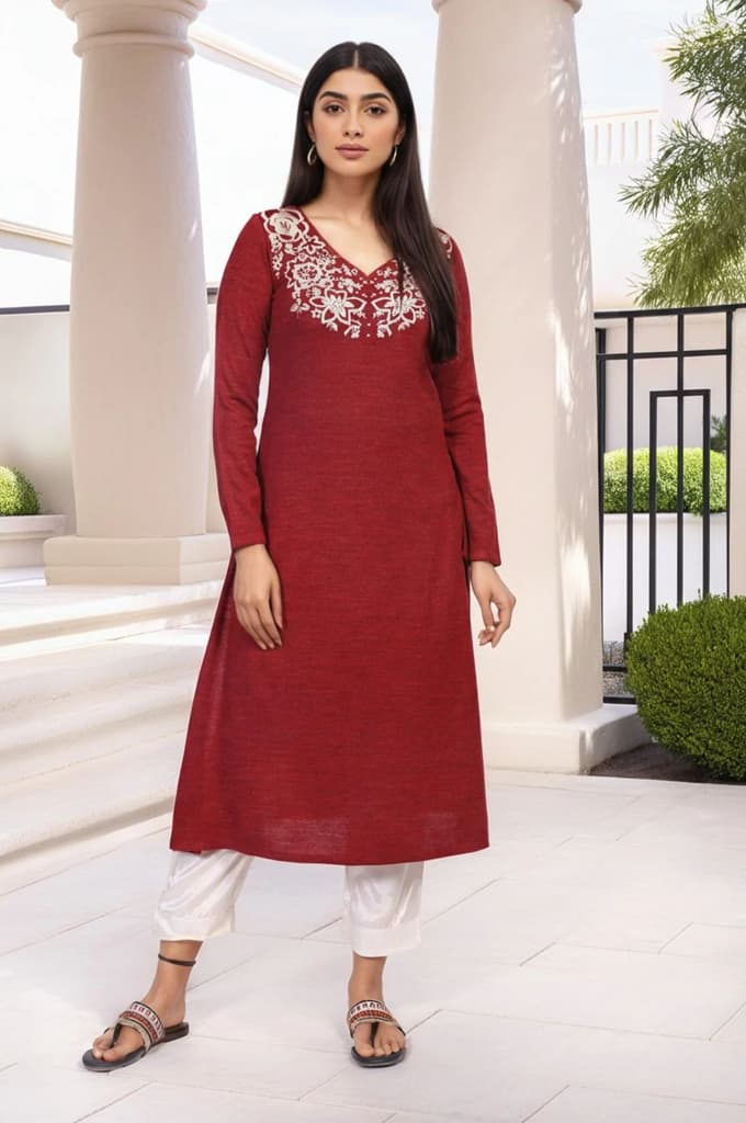 Maroon Embroidered A-Line Acrylic Winter Kurta — photo 2