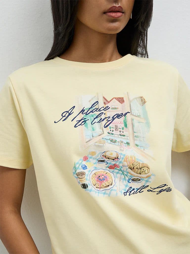 LOV Light Yellow Graphic Printed Cotton T-Shirt — photo 3
