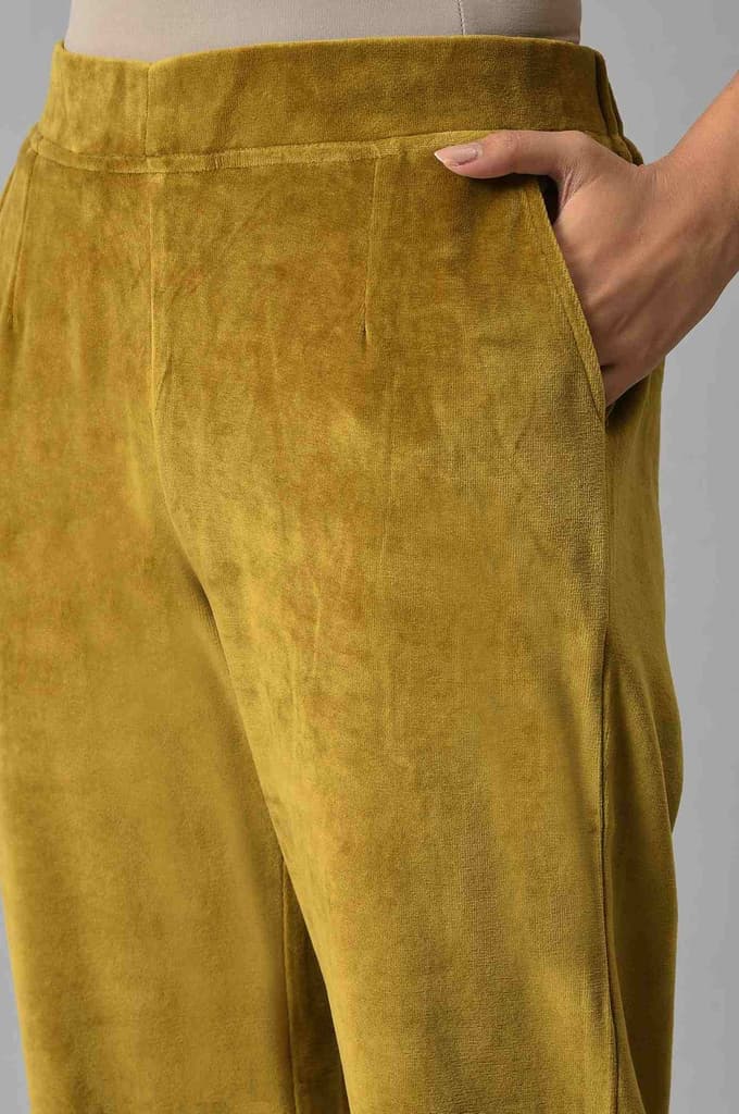 Muted Sage Green Solid Straight Fit Cotton Trousers With Elasticated Waist — photo 7
