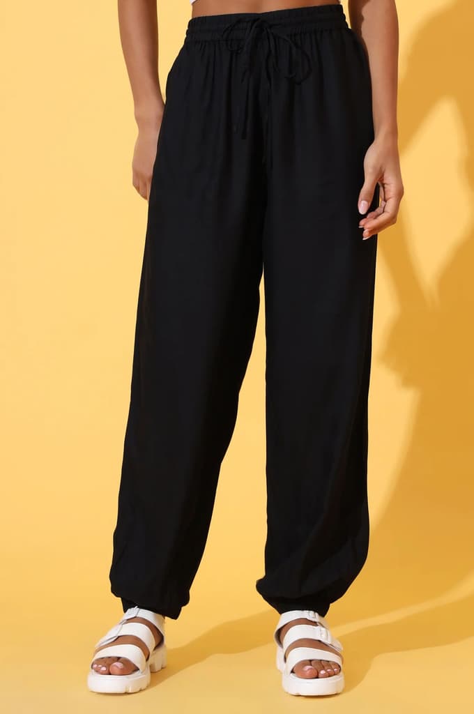 Black Solid Ankle Length Rayon Harem Pants — photo 2