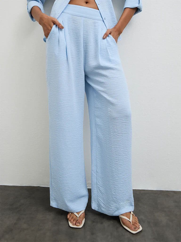Wardrobe Light Blue Crinkle-Textured High-Rise Trousers — photo 2