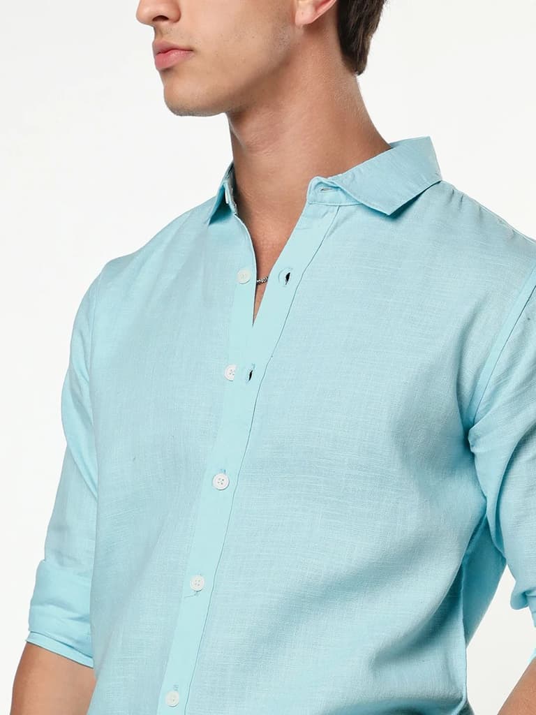 Men's Sky Blue Linen Blend Full Sleeve Relaxed Fit Casual Solid Shirt — photo 6