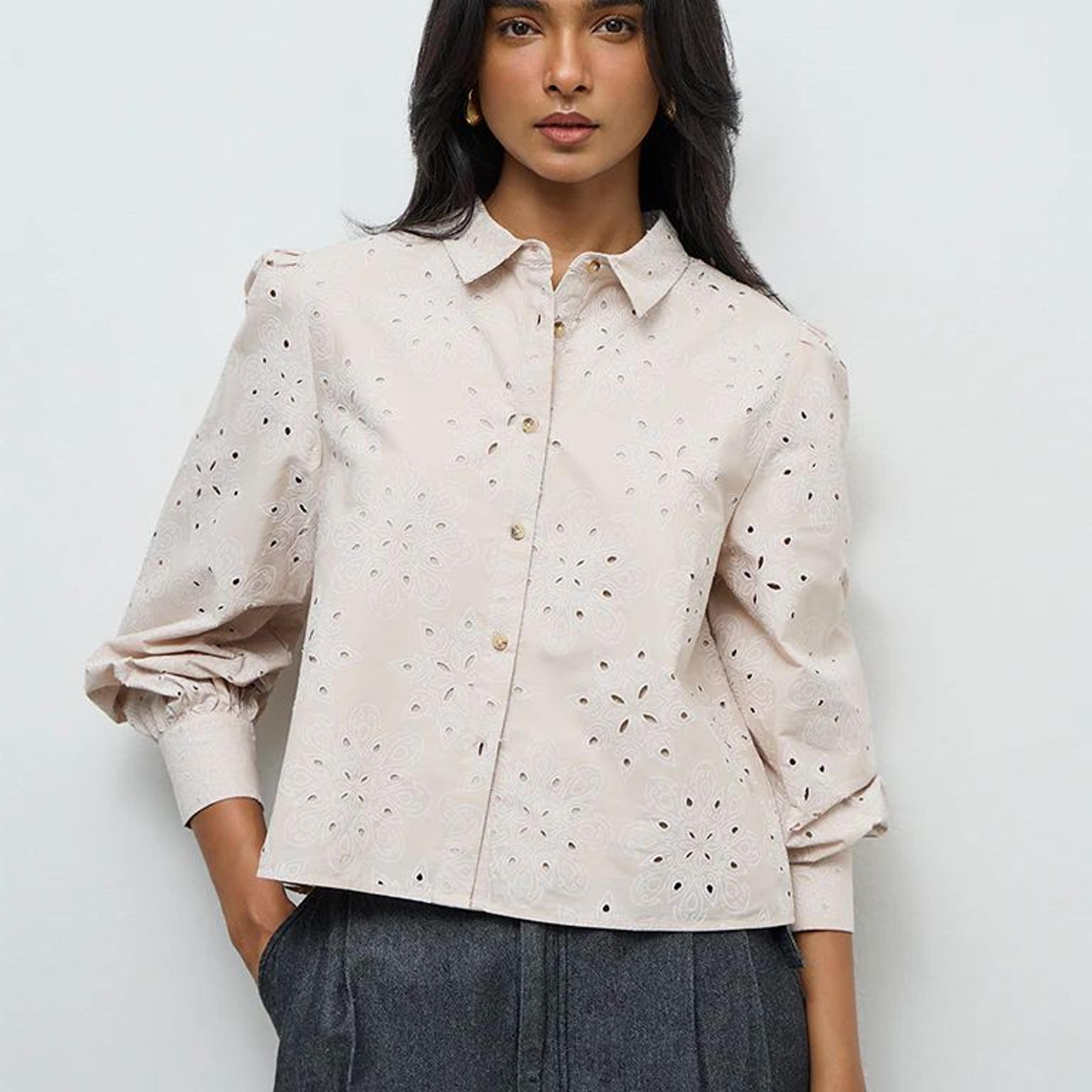 LOV Light Beige Floral Embroidered Cotton Shirt