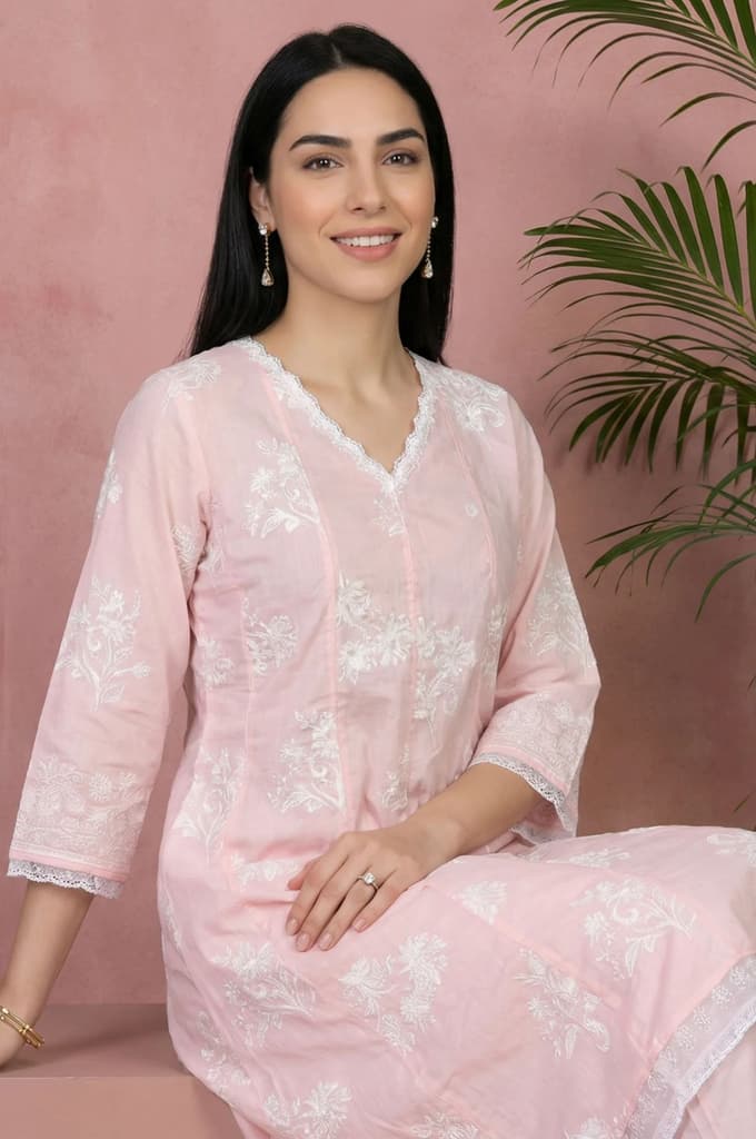 Pink Embroidered Floral Printed Chanderi Straight Kurta with Straight Pants Set — photo 3
