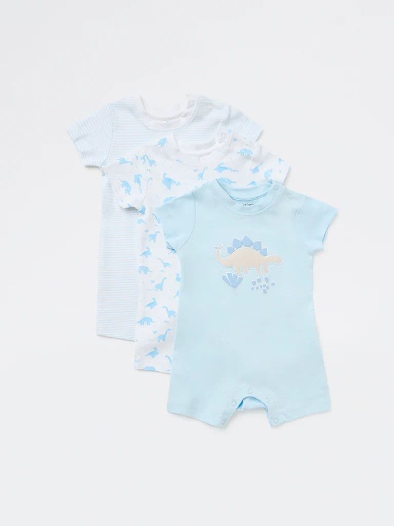 HOP Baby Boys Blue Printed Cotton Rompers (Pack of 3) — photo 2