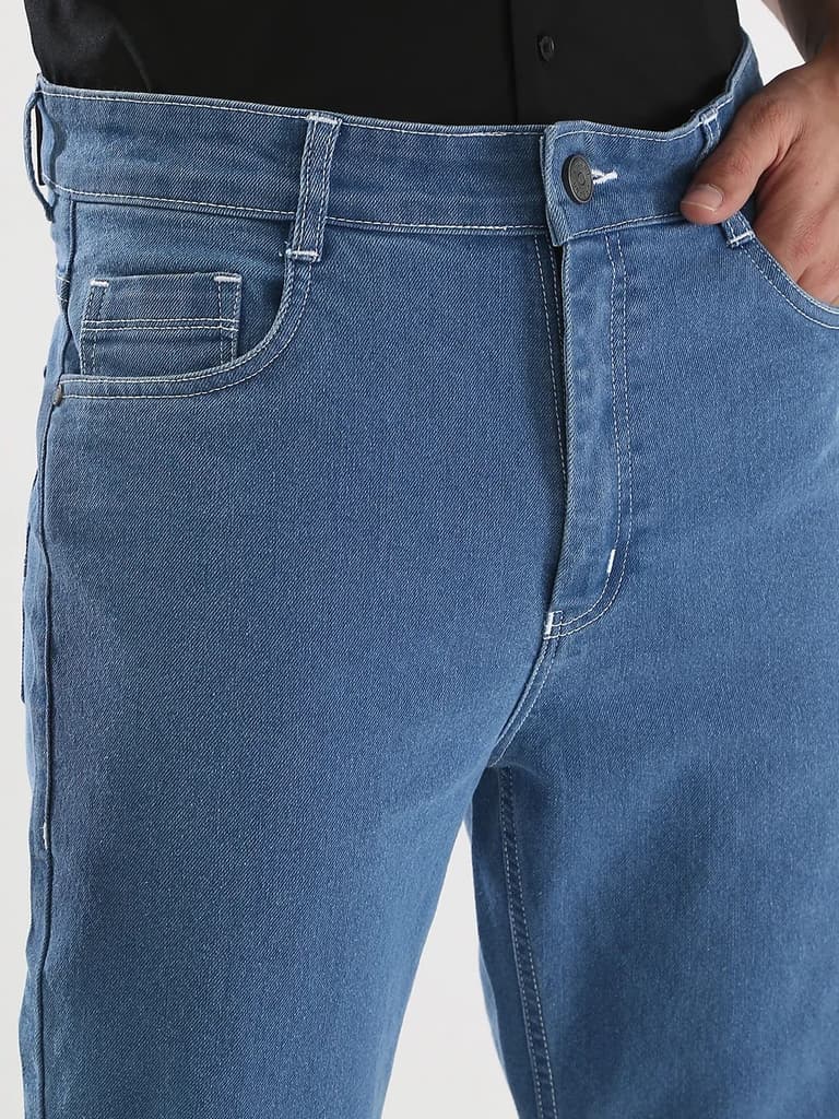 Men's Light Blue Straight Fit Washed Jeans Stretchable — photo 5