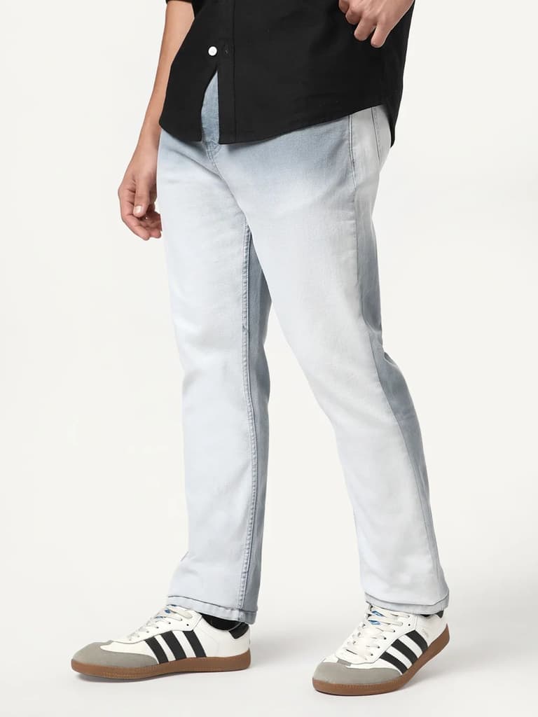 Men's Light Grey Straight Fit Heavy Washed Faded Denim Jeans Stretchable — photo 3