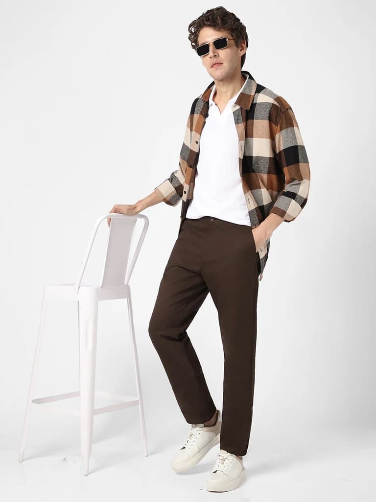 Men's Chocolate Brown Cotton Regular Fit Casual Chinos Trousers Stretch — photo 4