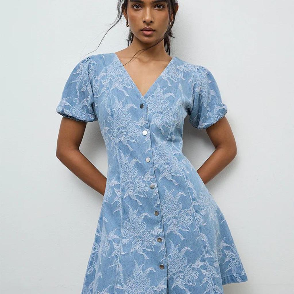 LOV Blue Floral Embroidered A-Line Denim Dress