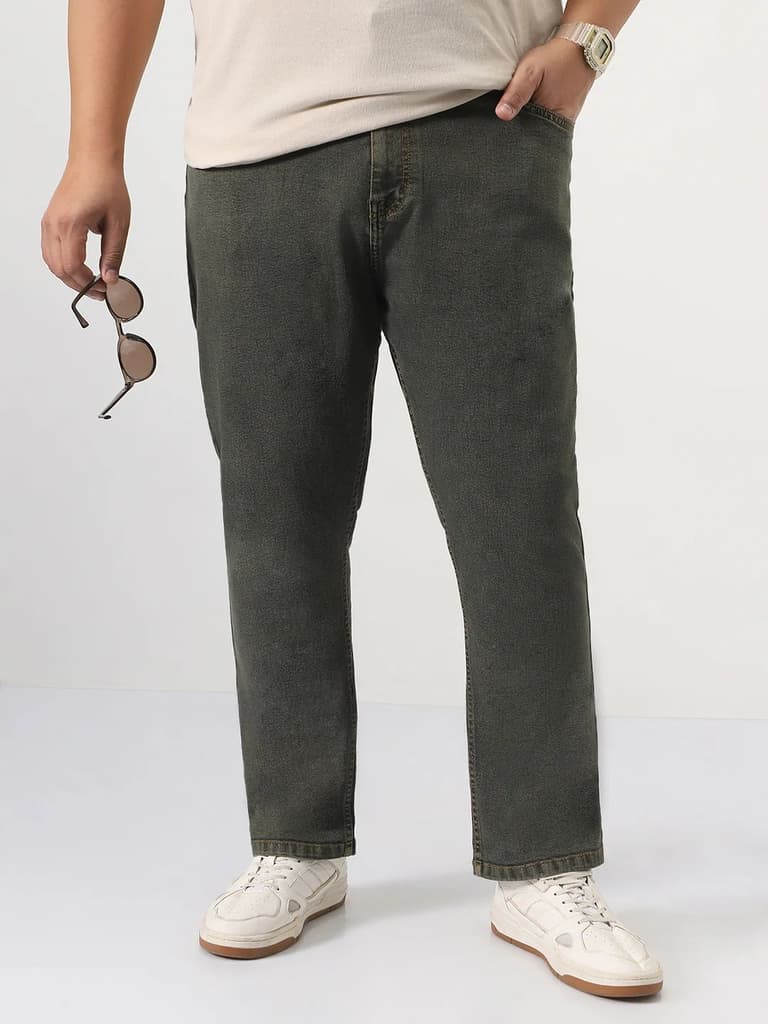 Plus Men's Grey Straight Fit Heavy Washed Jeans Stretchable — 36 / Grey