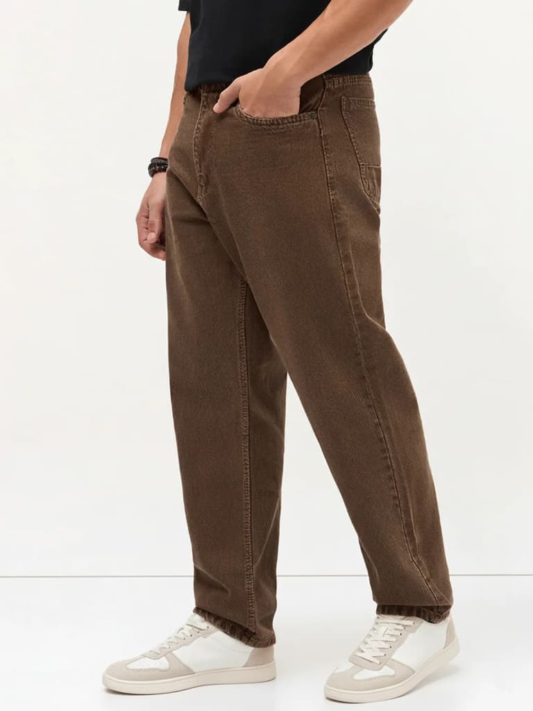 Men's Chocolate Brown Loose Baggy Fit Washed Denim Jeans Non-Stretchable — photo 2