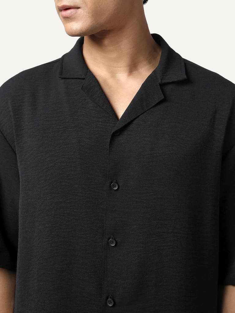 Men's Black Cotton Half Sleeve Relaxed Fit Textured Shirt with Cuban Collar — photo 5