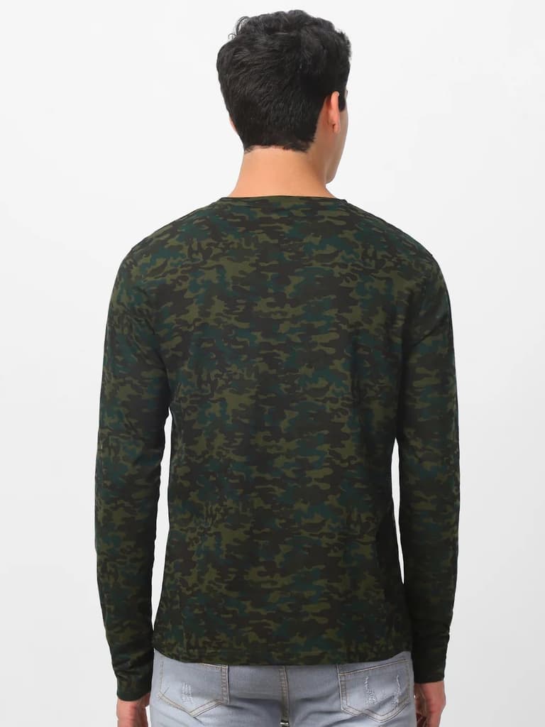 Men's Olive Green, Khaki Military Camouflage Printed Slim Fit Full Sleeve Cotton T-Shirt — photo 4