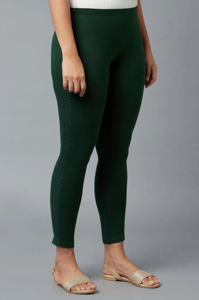 Green Solid Skinny Fit Cotton Tights With Elasticated Waist — photo 4
