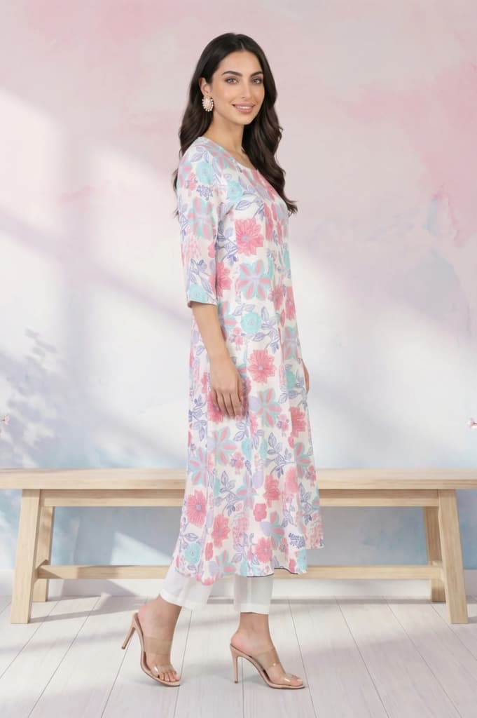 White Floral Printed Cotton Flax Flared Kurta — photo 6
