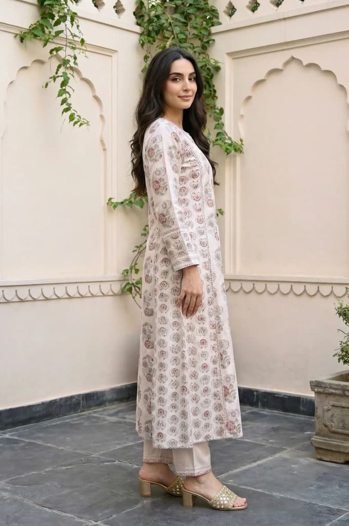 Off-White Floral Printed Silk Blend A-Line Kurta with Straight Pant and Dupatta Set — photo 5