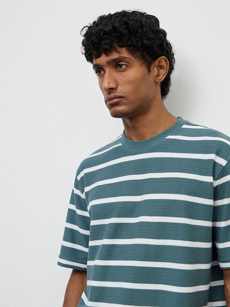WES Lounge Teal Striped Relaxed-Fit Cotton T-Shirt — photo 3