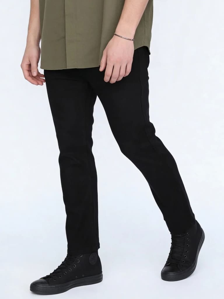 Men's Black Straight Fit Raw Washed Denim Jeans Stretchable — photo 2