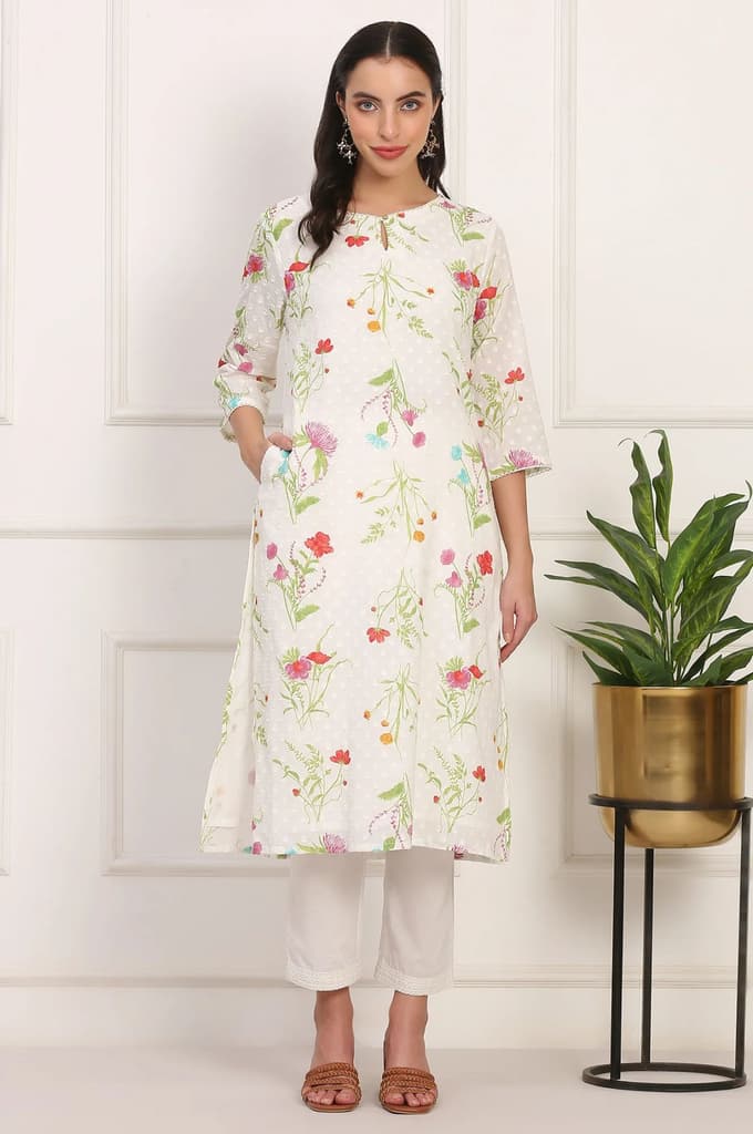 Ecru Floral Printed Straight Pure Cotton Kurta — photo 2