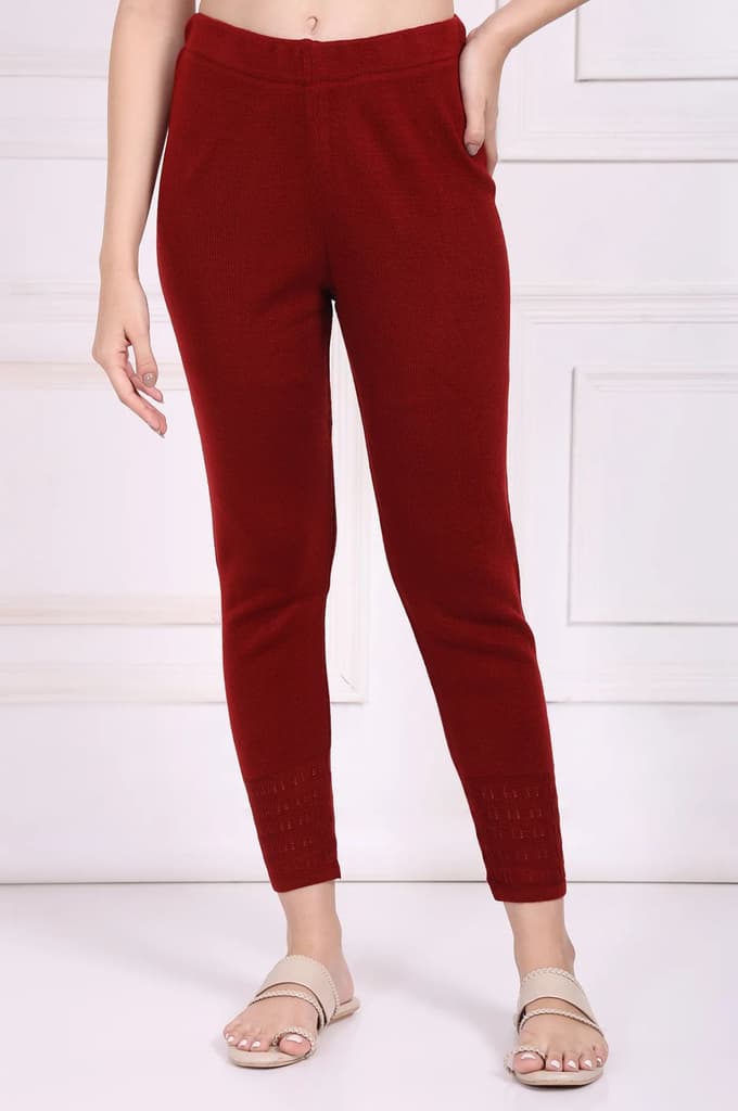 Red Solid Acrylic Legging for Winter — S