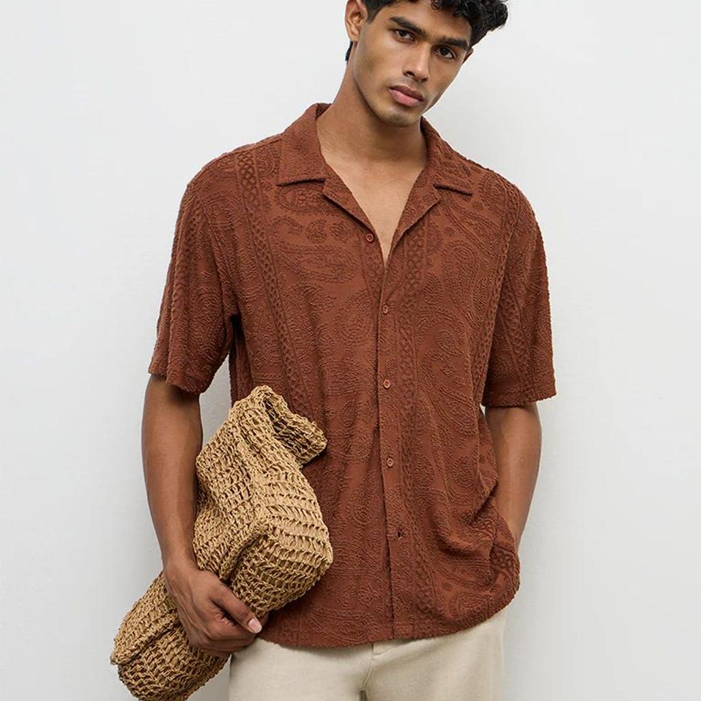 ETA Brown Paisley-Textured Relaxed-Fit Cotton-Blend Shirt