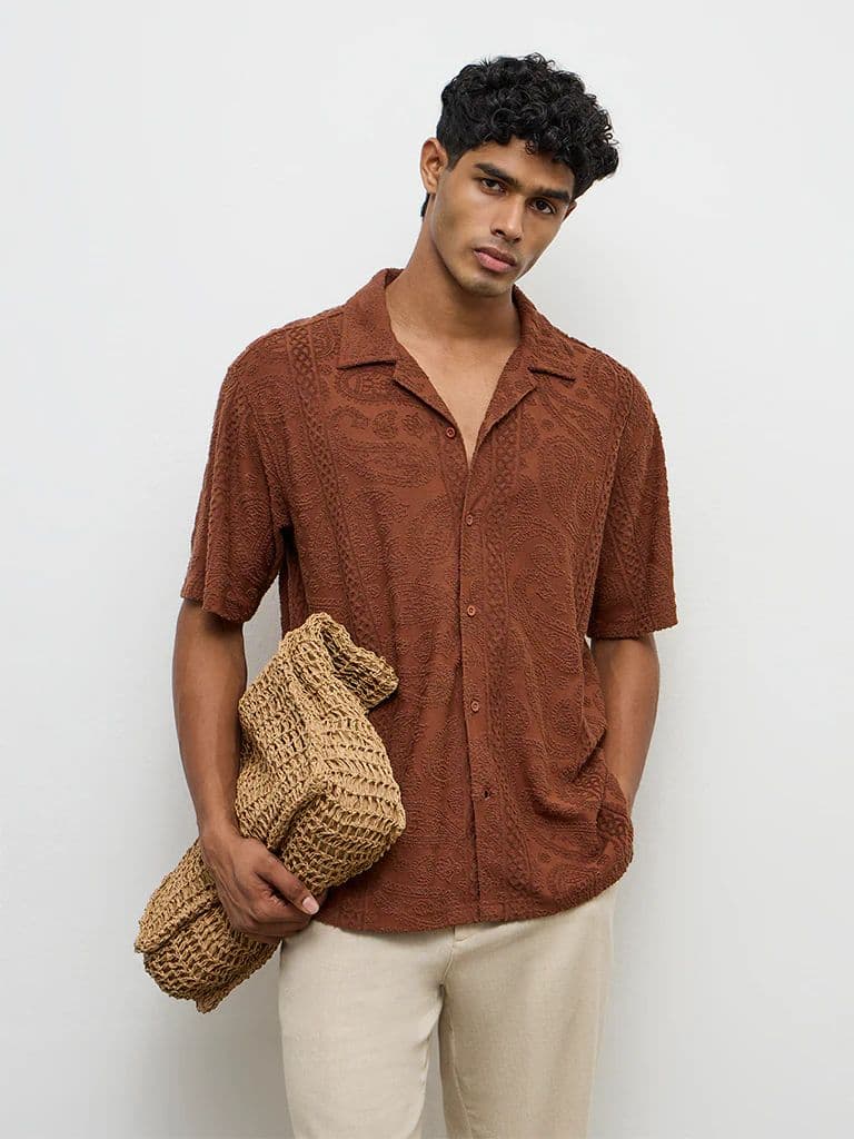 ETA Brown Paisley-Textured Relaxed-Fit Cotton-Blend Shirt