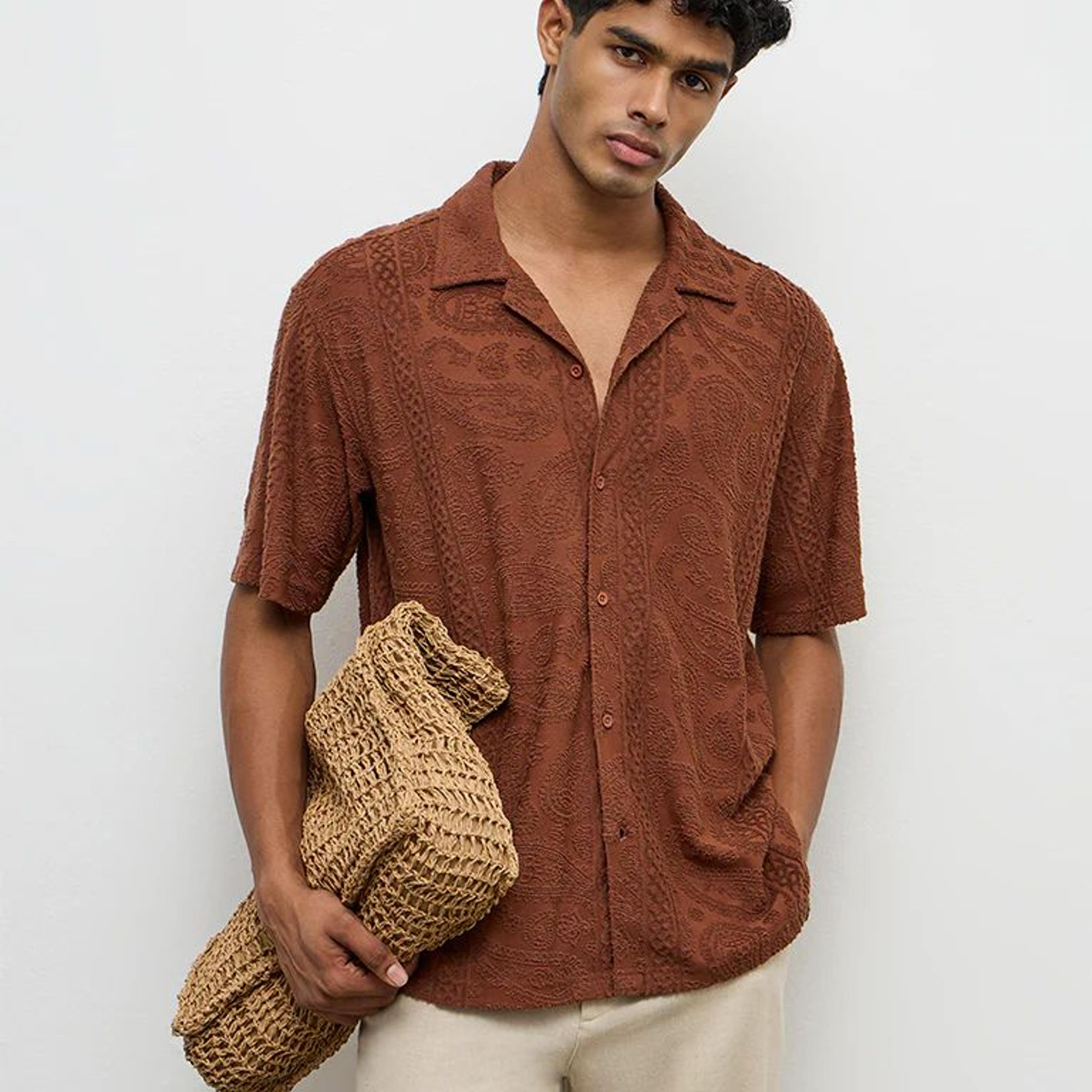 ETA Brown Paisley-Textured Relaxed-Fit Cotton-Blend Shirt