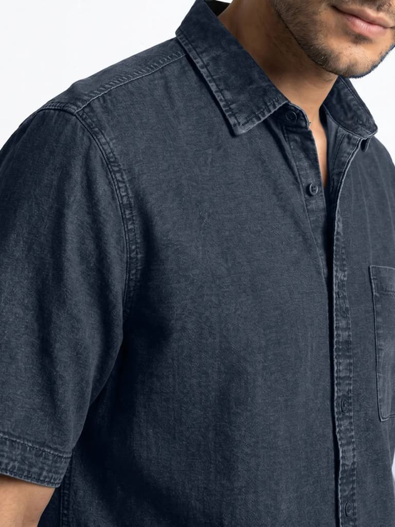 Men's Dark Blue Oversized Fit Half Sleeve Solid Casual Denim Shirt — photo 5