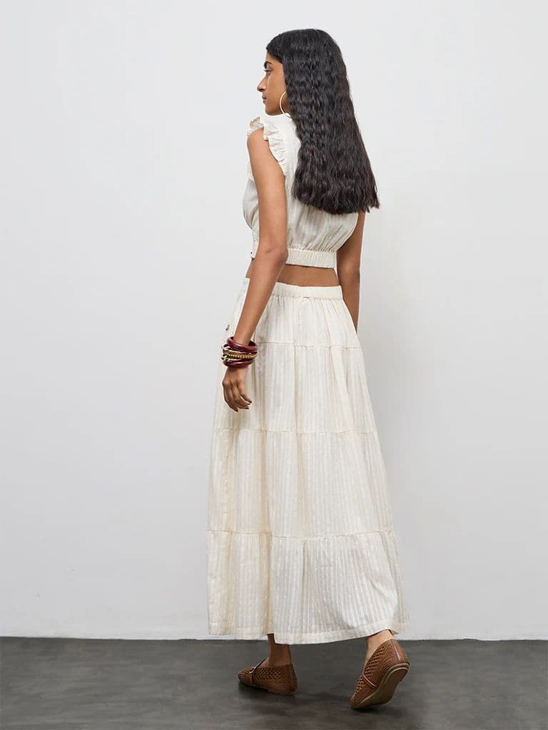 Bombay Paisley Off-White Embroidered Cotton Tiered Skirt — photo 4
