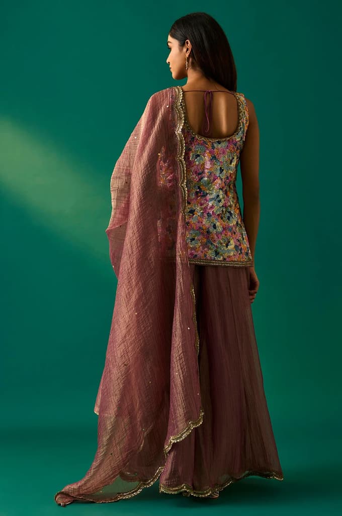 Multicolor Embroidered Straight Tissue Kurta with Culottes and Dupatta Set — photo 4