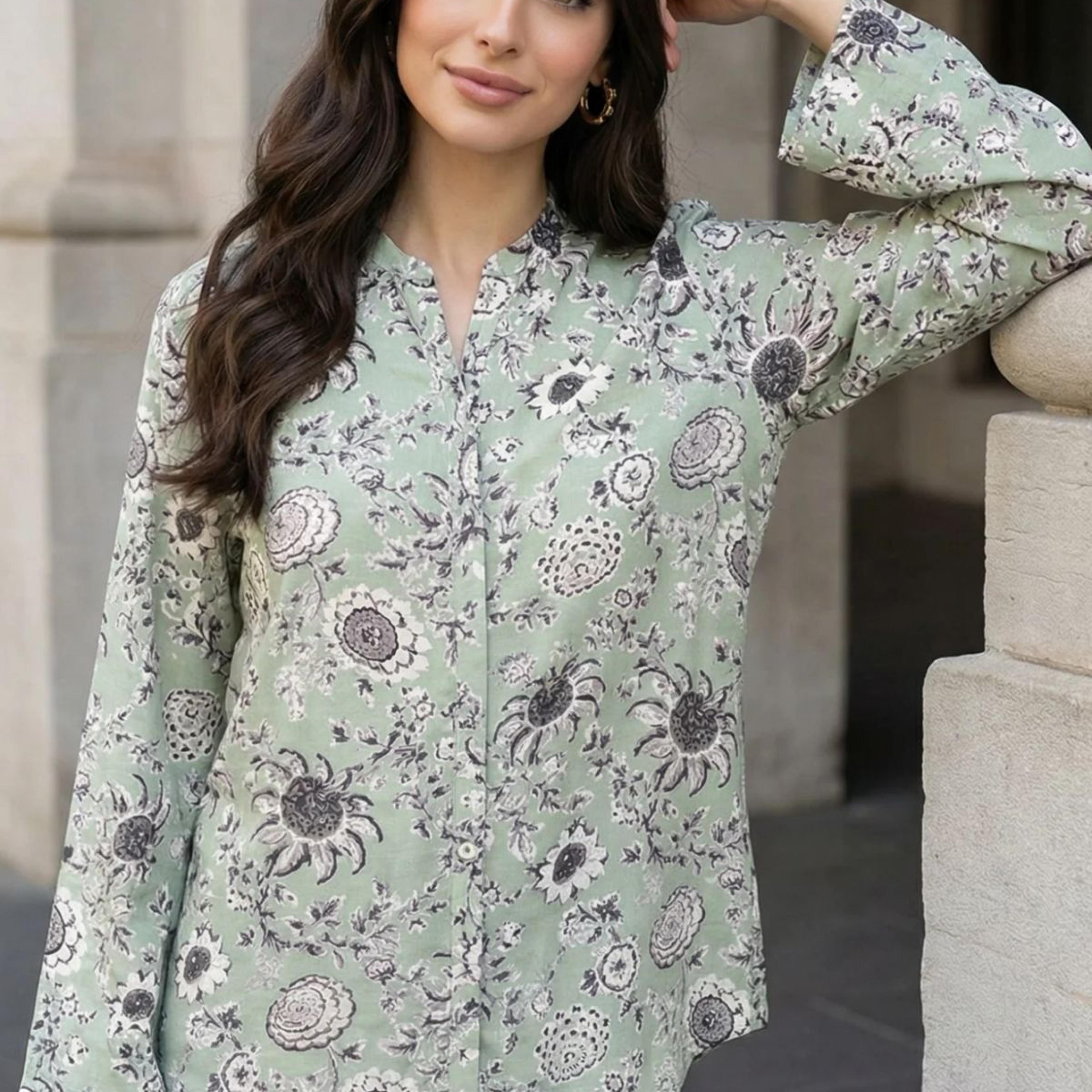 Green Floral Printed Straight Shirt