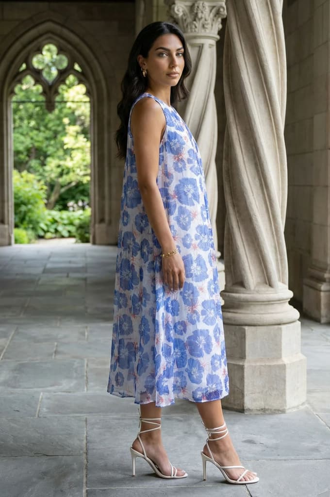 Blue Floral Printed Sleeveless Chiffon A-line Dress — photo 6
