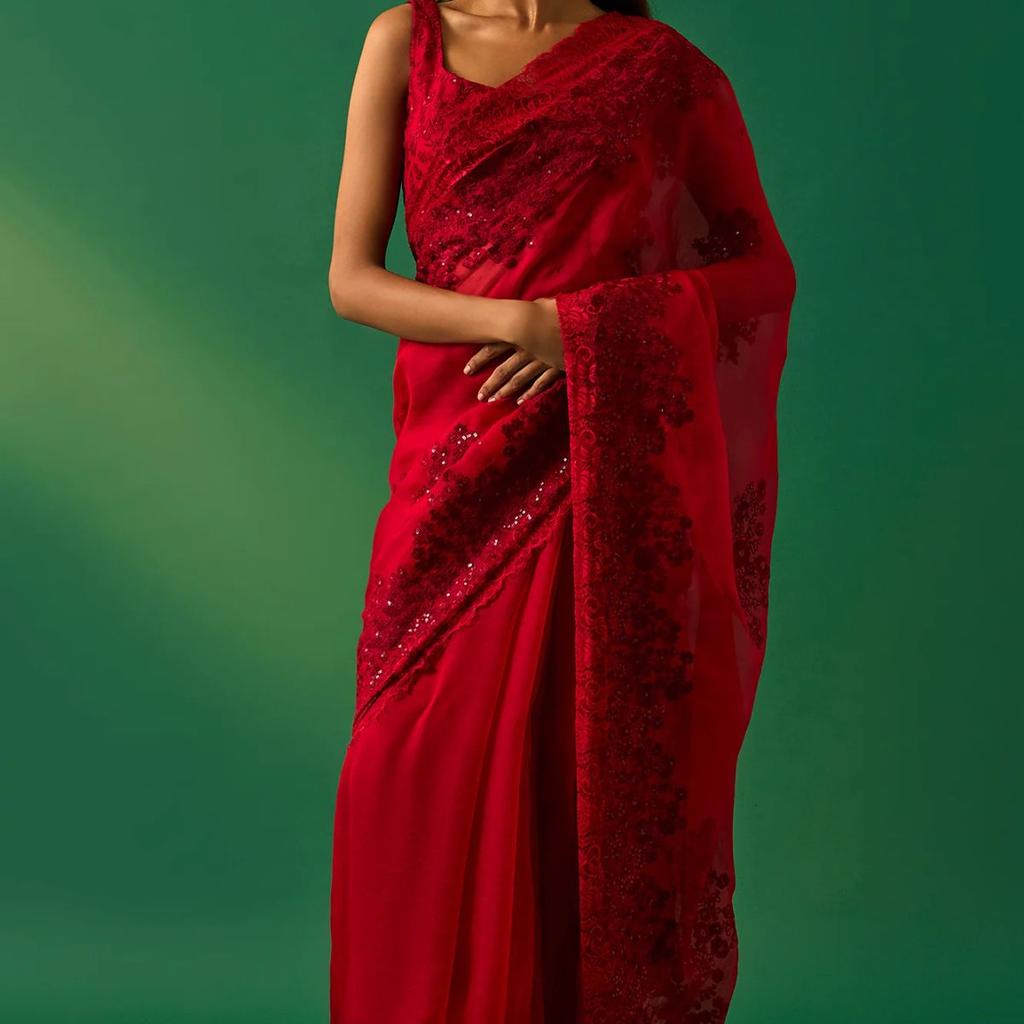 Red Floral Printed Embroidered Sequined Silk Saree with Unstitched Blouse