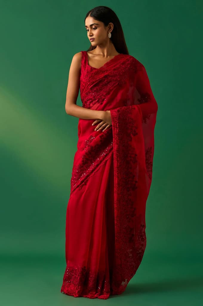 Red Floral Printed Embroidered Sequined Silk Saree with Unstitched Blouse — FS