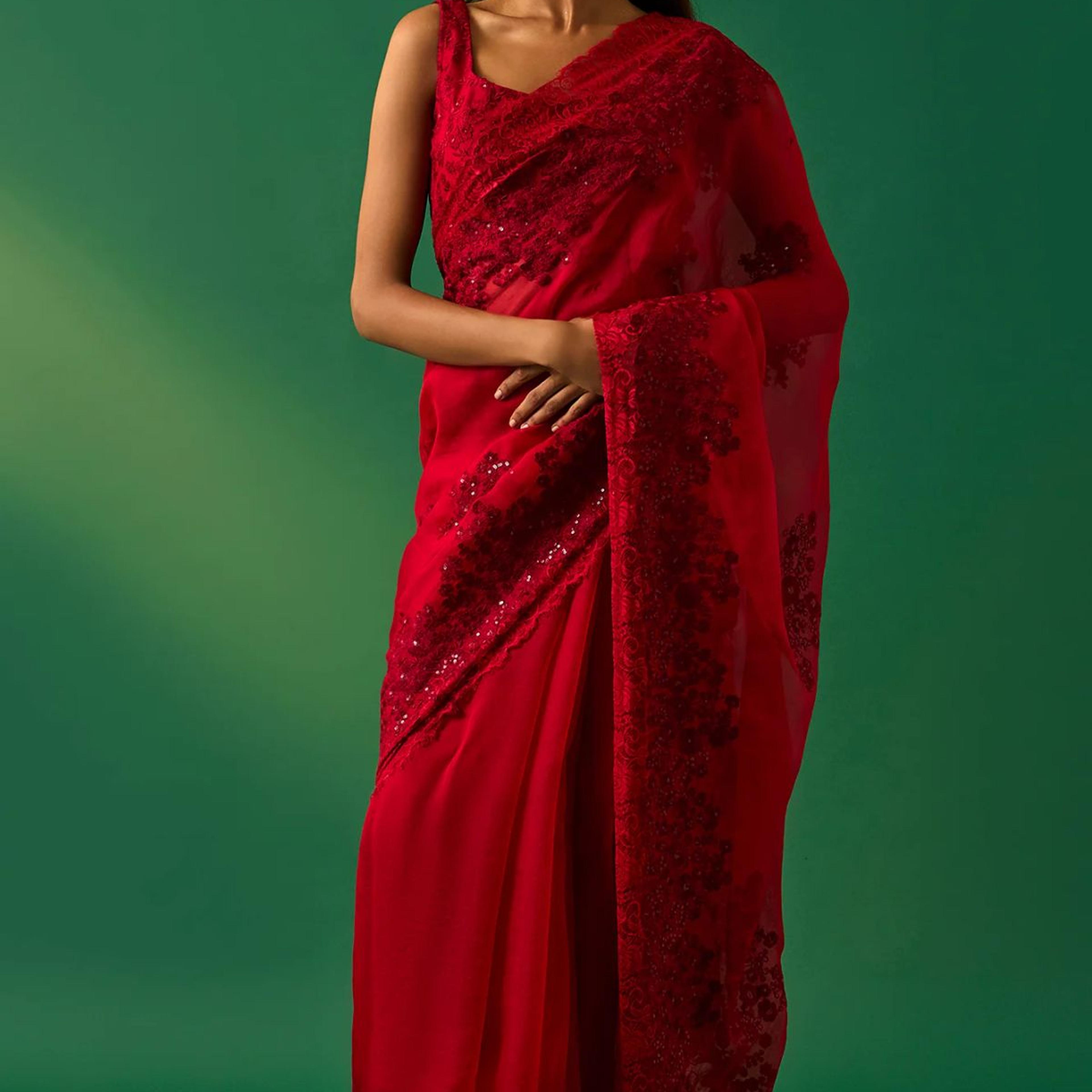 Red Floral Printed Embroidered Sequined Silk Saree with Unstitched Blouse