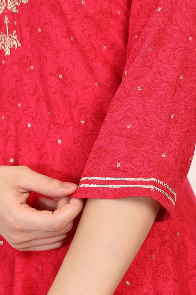 Red Embroidered A-Line Kurta and Straight Trouser Set — photo 7