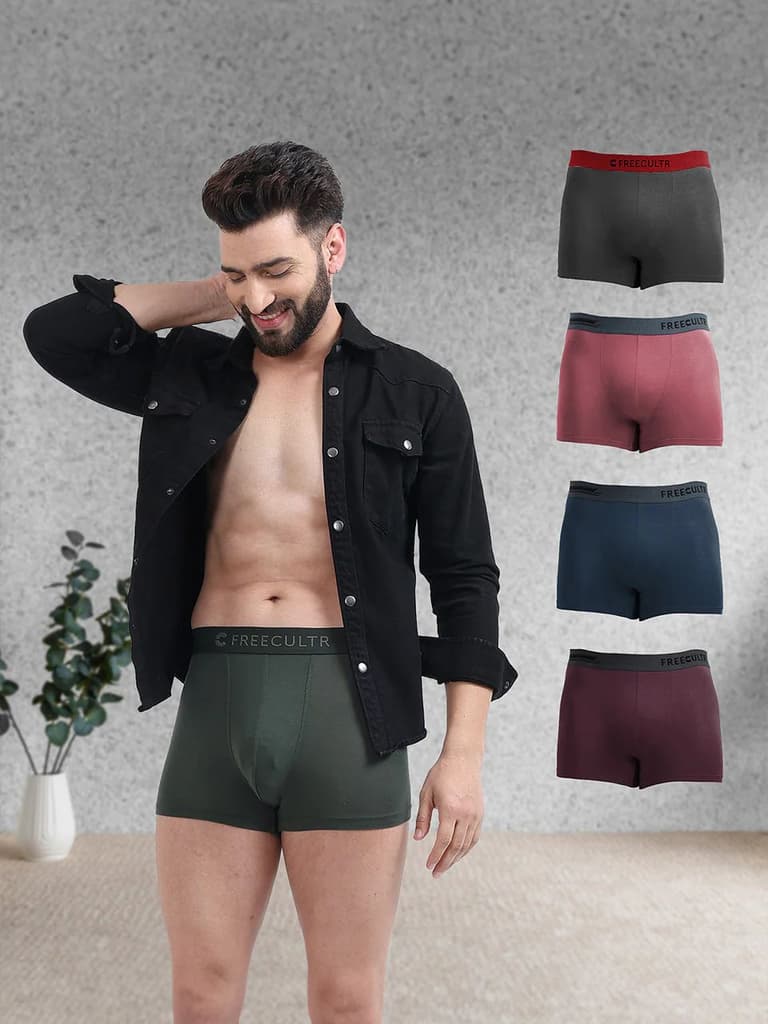 Men's Anti-Bacterial Micro Modal Trunk with Luxury (Pack of 5) — Royal Grey; Avocado Green; Rossini Red; Prussian Blue; Sangria Wine / S / Men