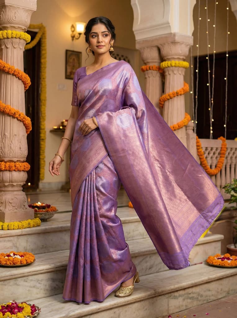 MIMOSA Women's Woven Design Kanjivaram Style Art Silk Saree with Blouse Piece - Violet ( SA00002246VLFREE ) — Default Title